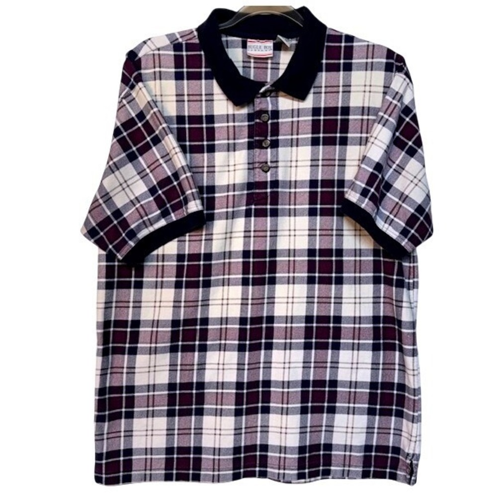 Bugle Boy Company Mens Large Plaid Polo Shirt Navy Burgundy White Cotton Vintage